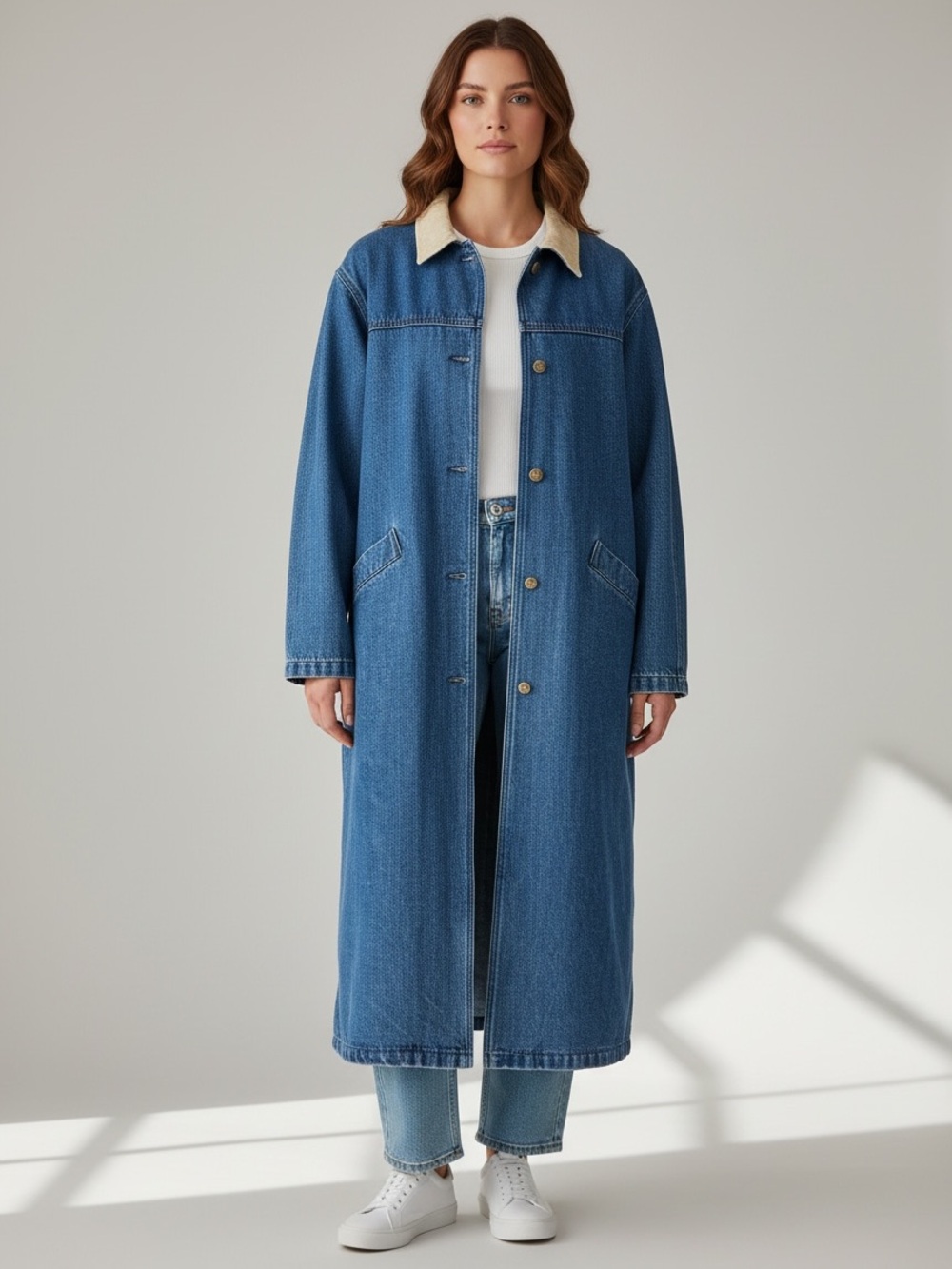 Christopher & Banks Blue Denim Long Jean Jacket with Cream Corduroy Collar